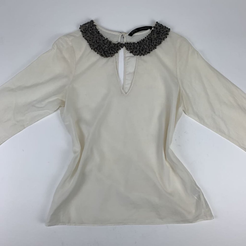 Zara Womens Blouse White 3/4 Sleeve Bead Collar S